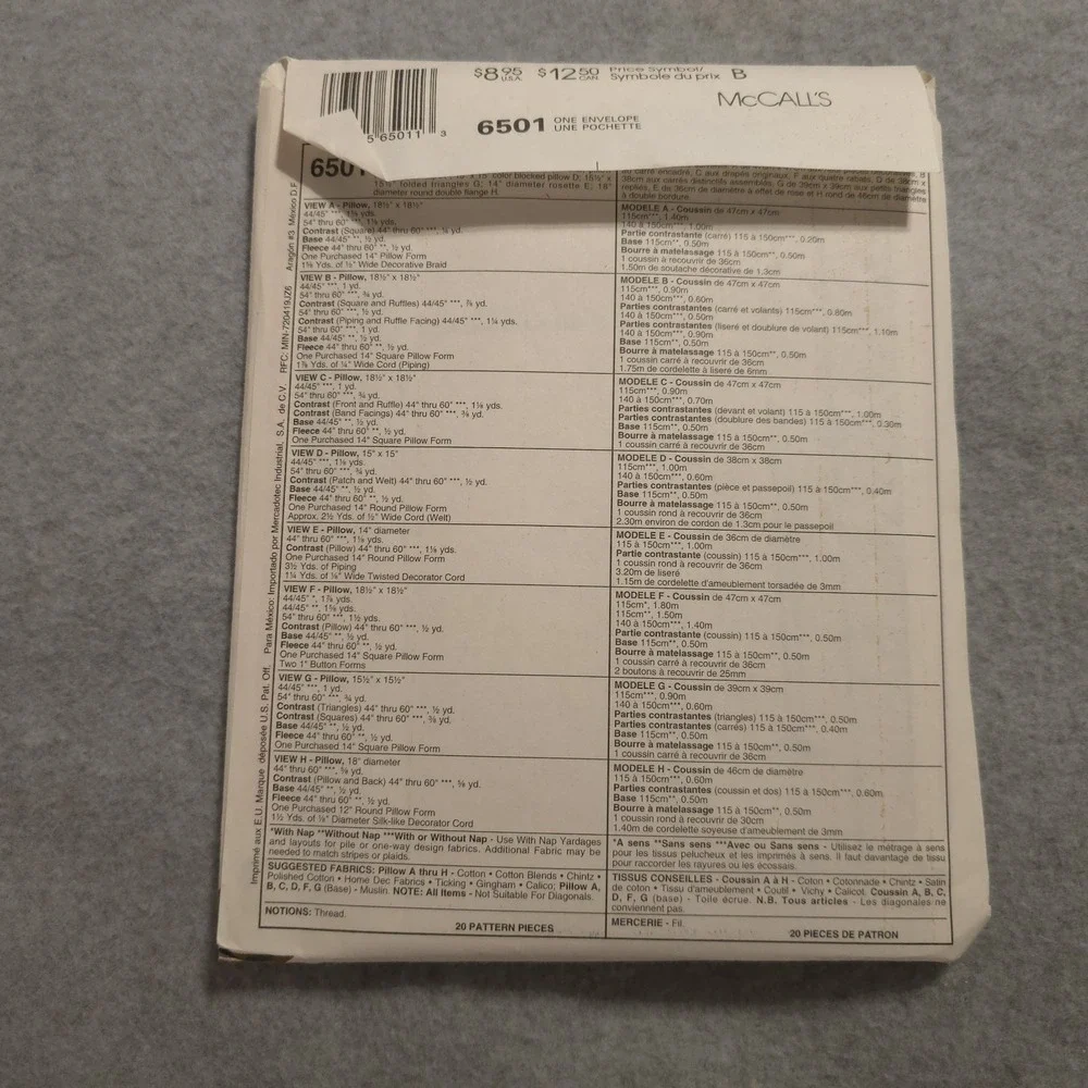 McCall's 6501‎ Home Decorating Pattern Donna Babylon Novelty Pillows New Uncut
